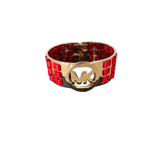 Vintage, MICHAEL KORS, Logo Clamper Bracelet, Red Leatherette, Gold Tone - Picture 7 of 7